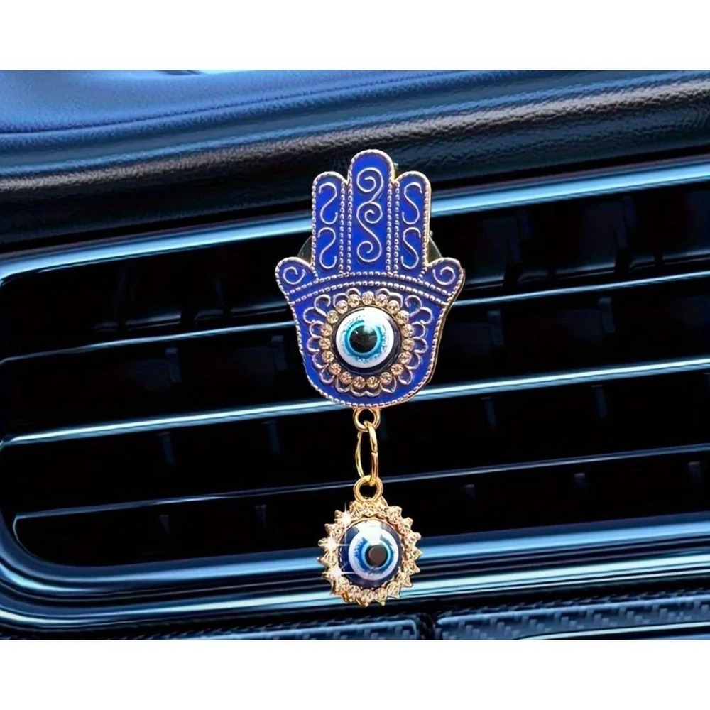 Car Vent Clip Hamsa Evil Eye Bundle Blue Gold Tone Rhinestone